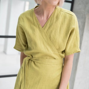 Linen wrap midi dress / Linen summer wrap dress / Maternity linen dress / Kimono wrap dress / JORE