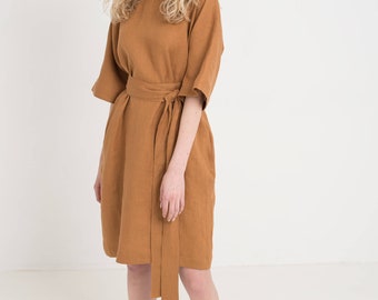 Ready to ship / Midi length linen dress ATHENE / Waist tie dress / Summer dress / Elegant linen dress / Loose fit linen dress