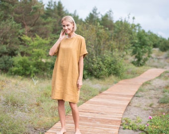 Loose linen dress LIEPA / Soft washed linen dress in mustard color /  Maternity linen dress / Basic linen dress / Plus size linen dress