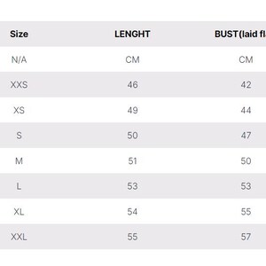 May include: Size chart showing bust and length measurements in centimetres for sizes XXS to XXL.