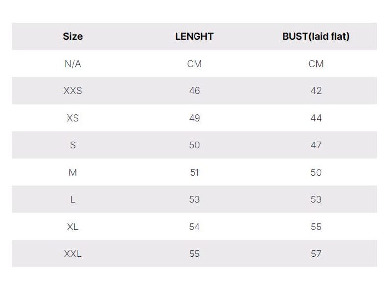May include: Size chart showing bust and length measurements in centimetres for sizes XXS to XXL.
