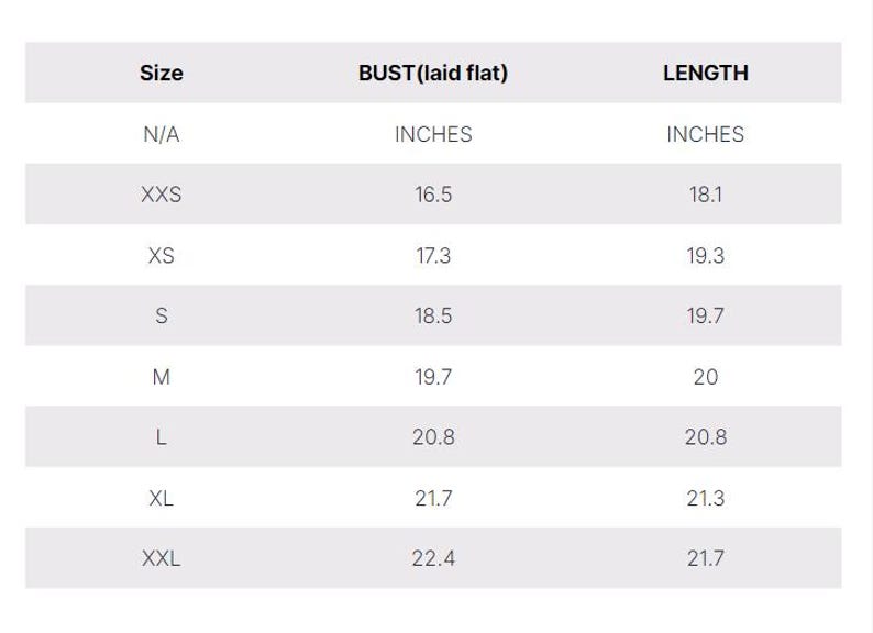 May include: Size chart showing bust and length measurements in inches for sizes XXS to XXL.