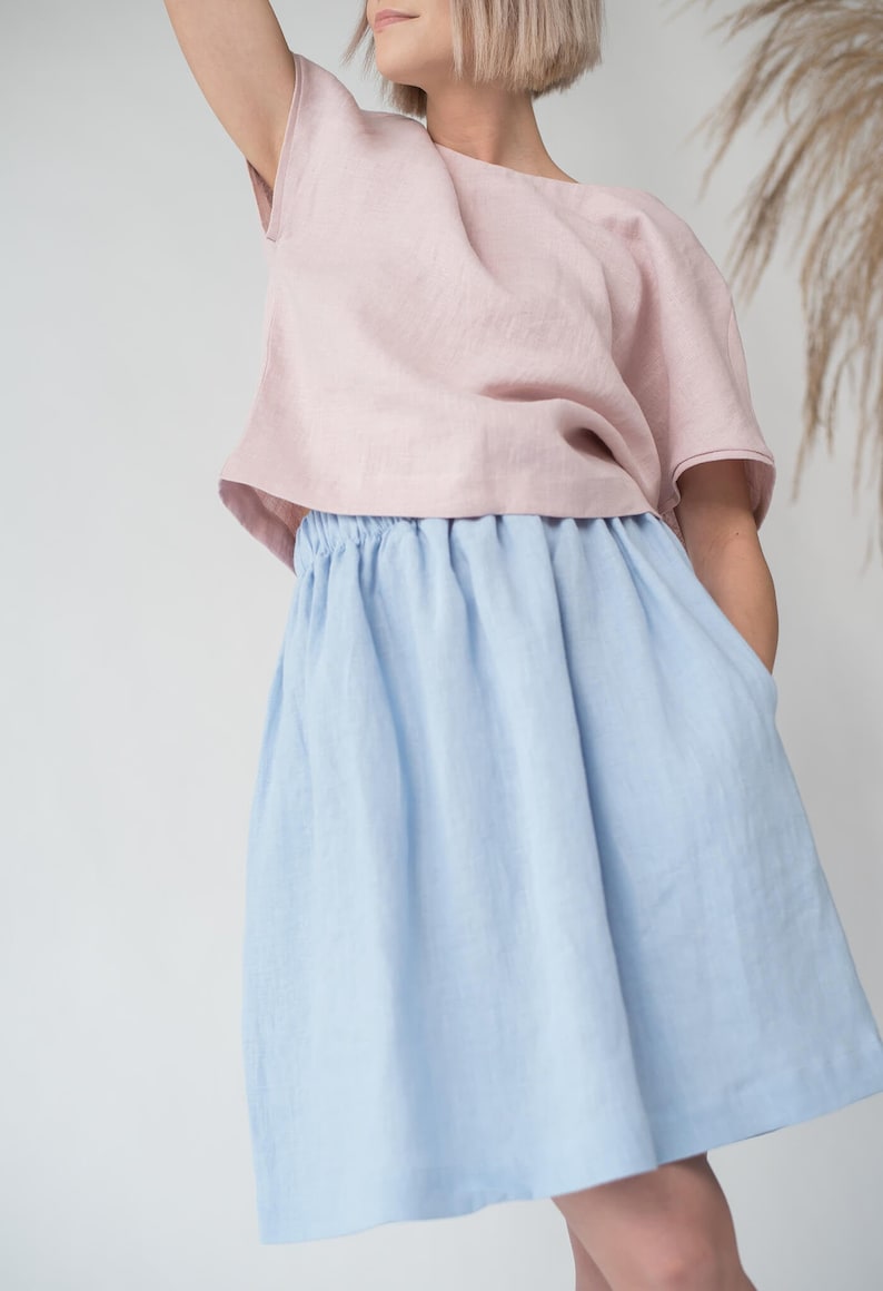 Midi linen skirt MAYA / Blue linen skirt / High waist linen skirt / Women's linen skirt with pocket / Summer skirt image 1