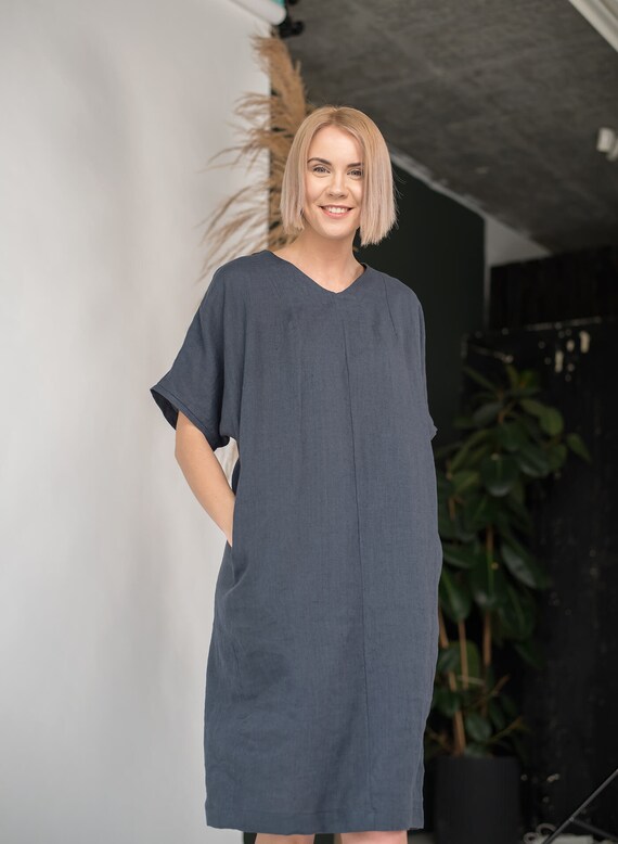 Linen Tunic Dress JULY / Relaxed Fit Tunic Linen Dress in Dark Grey Color /  Maternity Linen Dress in Midi Length / Plus Size Dress - Etsy