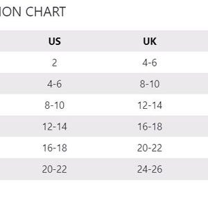 May include: Size conversion chart for clothing. The chart shows sizes for XS, S, M, L, XL, and XXL in US, UK, and EU sizes.