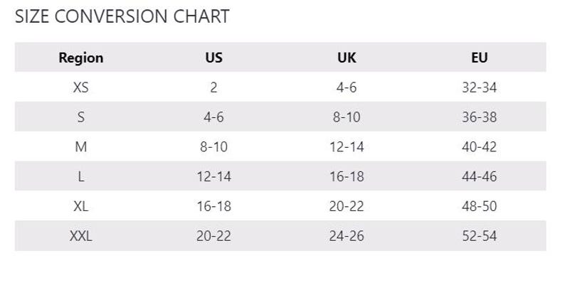 May include: Size conversion chart for clothing. The chart shows sizes for XS, S, M, L, XL, and XXL in US, UK, and EU sizes.