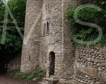 May include: A stone tower with a doorway and a window, surrounded by trees and foliage.