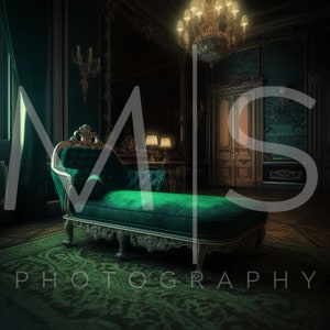 May include: A dark green chaise lounge with ornate gold trim and a plush velvet cushion sits in a dimly lit room with a large ornate mirror and a chandelier.