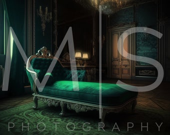 3D Gothic Emerald Living Room Green Gothic Digital Backdrop Green Chaise Lounge Unique Photographer Composites 3D Gothic Living Room Lounge