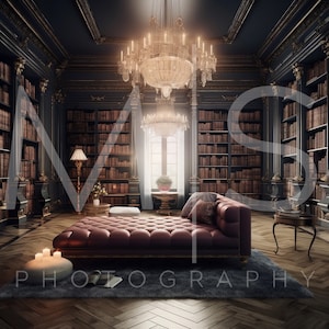 Bibliotek med levande ljus, ljuskrona och schäslong - Digital bakgrund/kuliss för fotografkompositer