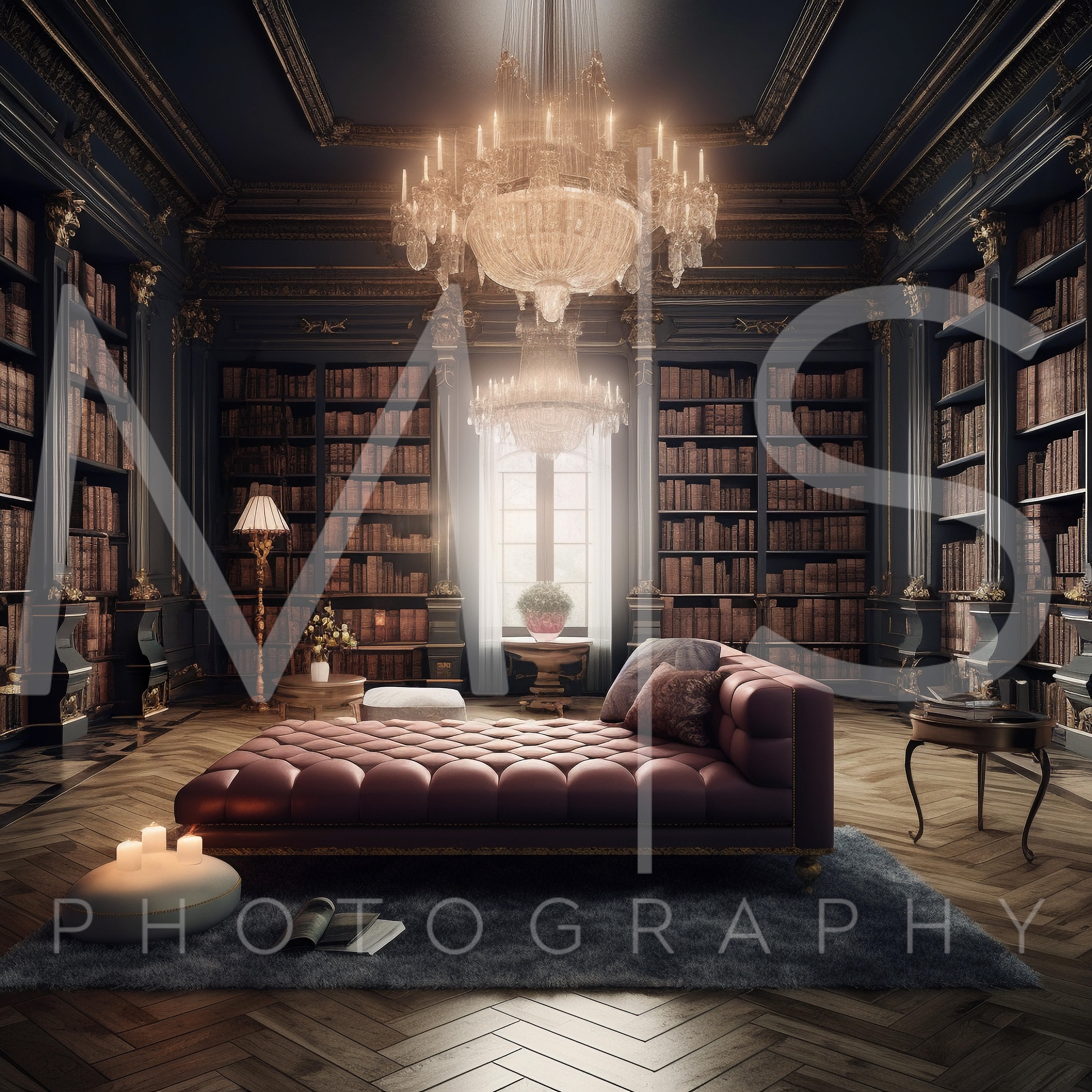 Candle Lit Library with Chandelier and Chaise Lounge- Digital Background/Backdrop for Photographer Composites