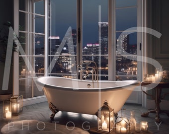 City Skyline Bathtub Night Digital Background Candle Lit City Skyline Clawfoot Bathtub Background Night Backdrop for Photographer Composites