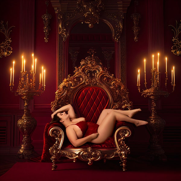 Valentine's Day Boudoir Scarlet Red Gold Baroque Throne Chair with Candles- Digital Background/Backdrop for Photographer Composites