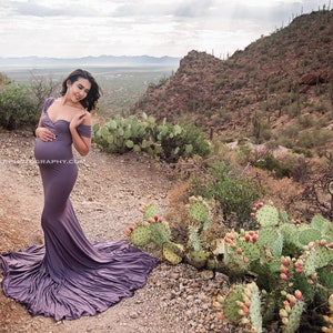 May include: A pregnant woman in a long, flowing purple maternity dress stands on a dirt path in a desert landscape. She is surrounded by cacti and other desert plants. The sky is cloudy and the mountains are in the distance.