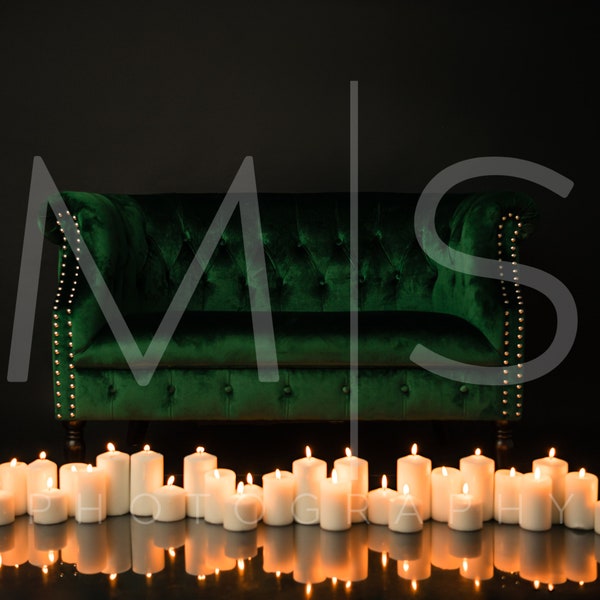 Green Velvet Sofa with Lit Pillar Candles Digital Background/Backdrop for Photographer Composites- Boudoir Gothic