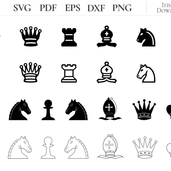 Piezas de ajedrez SVG, Imágenes prediseñadas de piezas de ajedrez, archivos vectoriales, descarga instantánea, archivos para Cricut y silueta