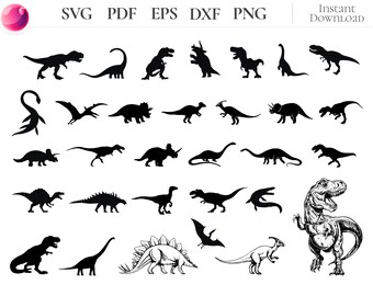 Pacchetto di file SVG di dinosauri, clipart di T-Rex e Raptor, file per Silhouette e taglio per Cricut, Cameo e progetti fai da te.