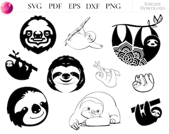 Pacchetto SVG di bradipi, clipart di un bradipo pigro che dorme, mandala di bradipo appeso e file di taglio di un cucciolo di bradipo per Cricut