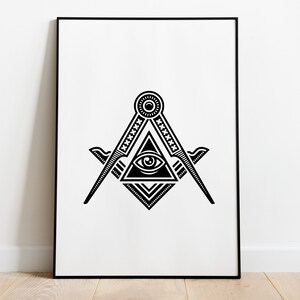 Puede incluir: Ilustraci&oacute;n en blanco y negro de una br&uacute;jula y una escuadra con un ojo dentro de un tri&aacute;ngulo. El s&iacute;mbolo a menudo se asocia con la masoner&iacute;a.