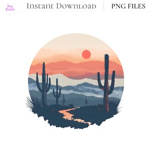 Vast expanse of golden sand dunes under a brilliant blue sky, with distant mountains silhouetted against the horizon. Cactus stands resilient amidst the arid landscape, while the sun sets in a fiery blaze, casting warm hues across the desert scene.