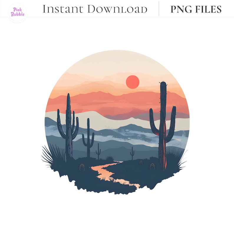 Vast expanse of golden sand dunes under a brilliant blue sky, with distant mountains silhouetted against the horizon. Cactus stands resilient amidst the arid landscape, while the sun sets in a fiery blaze, casting warm hues across the desert scene.
