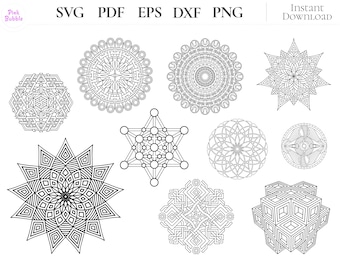 Pacchetto SVG di geometria sacra, clipart del fiore della vita mandala, file di taglio per Cricut con loto e griglia di cristalli geometrici.