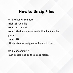 Puede incluir: Instrucciones sobre c&oacute;mo descomprimir archivos en una computadora Windows o Mac. En una computadora Windows, haga clic con el bot&oacute;n derecho en el archivo, seleccione Extraer todo, elija una ubicaci&oacute;n para guardar los archivos y haga clic en Aceptar. En una computadora Mac, haga doble clic en la carpeta comprimida.