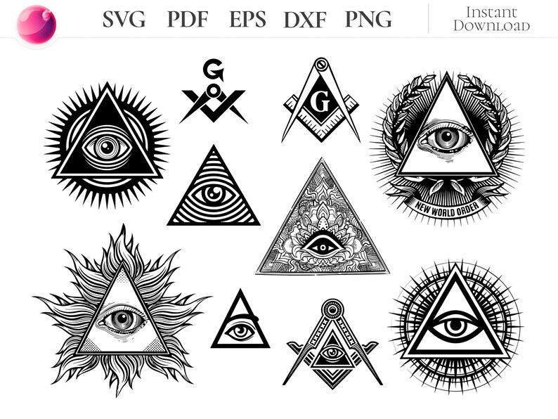 Puede incluir: Un conjunto de diez ilustraciones vectoriales en blanco y negro del s&iacute;mbolo del ojo que todo lo ve. El s&iacute;mbolo se representa en varios estilos, incluyendo un tri&aacute;ngulo con un ojo, una pir&aacute;mide con un ojo y una br&uacute;jula con un ojo. El texto "NEW WORLD ORDER" se incluye en una de las ilustraciones.