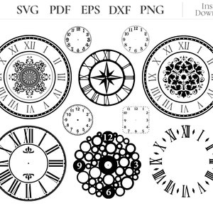 Puede incluir: Un conjunto de ocho diseños de esfera de reloj en blanco y negro. Los diseños incluyen una esfera de reloj tradicional con números romanos, una esfera de reloj con un diseño floral, una esfera de reloj con un diseño de brújula y una esfera de reloj con un diseño de burbujas.