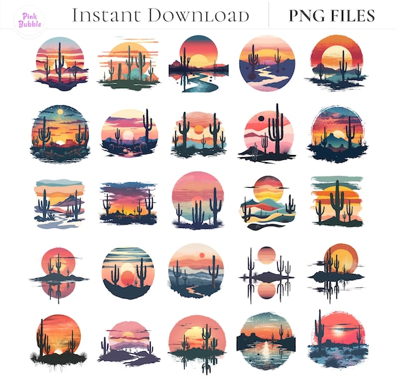 Desert Landscape PNG Bundle, Cactus Sunset And Sunrise Clipart, Western Desert Scene Sublimation Prints For DIY Crafts