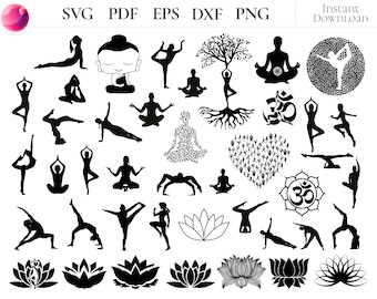 Pacchetto di file SVG per lo yoga, clipart di loto mandala Namaste per la meditazione, file di taglio per pose yoga zen spirituali per Cricut e fai da te