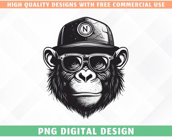 Design di maglietta con scimmia, fantastica testa di scimmia e gorilla in formato PNG, stampa urbana a sublimazione con animali per DTG e Cricut