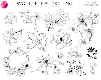 Magnolie SVG Bundle, handgezeichnete Magnolie Blume Clipart, Stahl Magnolie Kranz und Monogramm Cut Files für Cricut