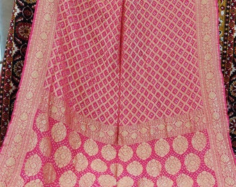 Sari Georgette Bandhani de Banarasi Khaddi puro tejido a mano con todo Zari
