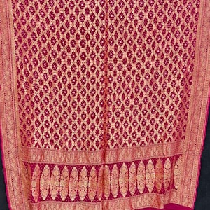 Handcrafted Pure Georgette Banarasi  Bandhani Rai Bandhej Dupatta, Indian shawl, Ethnic stole bright pink and Red/Stole.