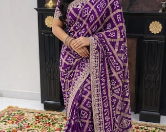 Saree Gharchola in seta viola Gajji realizzato a mano, Bandhani con lavoro gotapatti