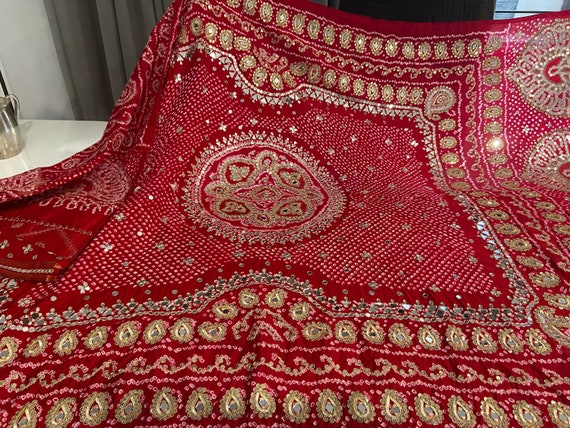 Red Gajji Silk Bandhej Dupatta: Mirror Zardozi Hand Embroidery - Etsy Ireland