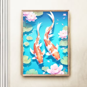 Colourful Swimming Koi Poster, Vibrant Lily Pads, Good Luck Modern Chinese Art Print, Japanese Modern Print, Wall Art Decor Gift Idea