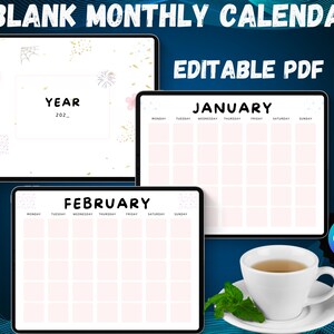 Puede incluir: Una plantilla digital de calendario mensual en blanco con el texto "BLANK MONTHLY CALENDAR" en la parte superior. La imagen muestra tres tabletas digitales que muestran páginas de calendario para el año y los meses de enero y febrero. Las palabras "EDITABLE PDF" también son visibles.