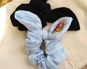 Bunny Bow Scrunchie With Hand Embroidered Flower