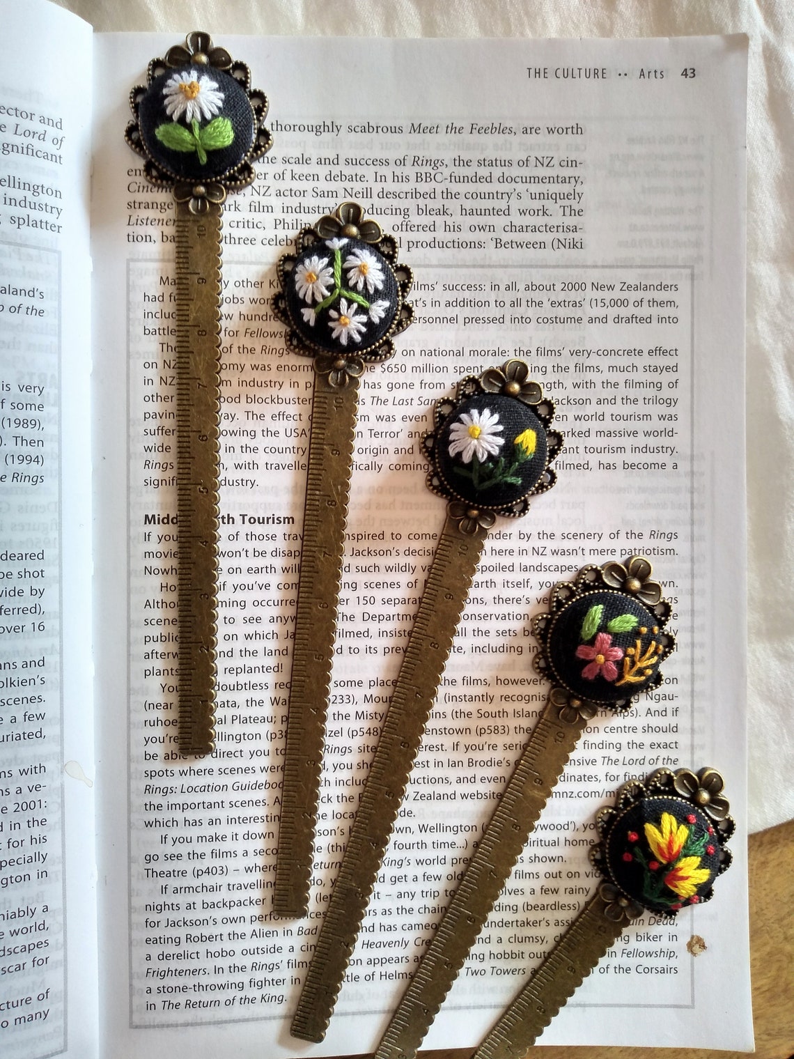 Flower Metal Bookmark/ Metal and Flower Embroidery Bookmark/ Etsy