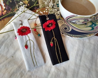 Poppy Embroidered Bookmark/ Poppy Bookmark/ Linen Bookmark/ Book Journal Accessories/ Anniversary Gift/ Fabric Bookmark/ Book Reader Gift