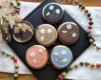 Mini Pocket Mirror With Hand Embroidered Flower/ Hand Embroidered Makeup Compact Mirror/ Double Side Mirror/ Folding Compact Mirror