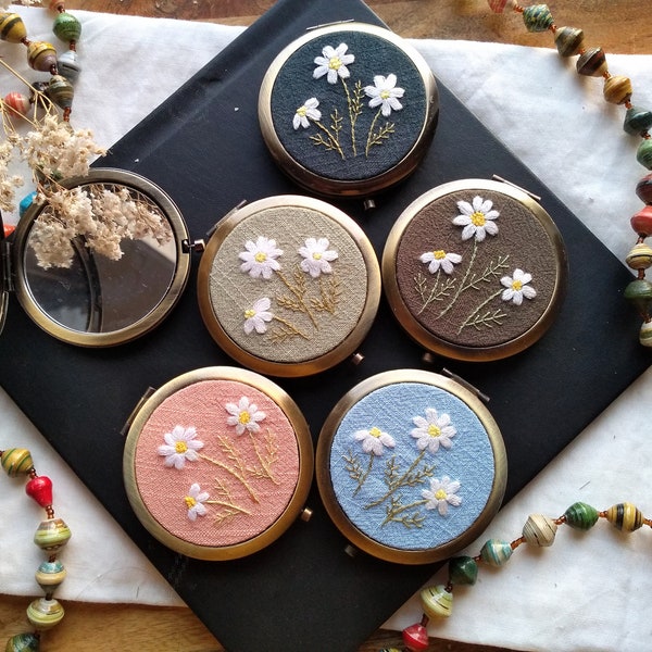 Mini Pocket Mirror With Hand Embroidered Flower/ Hand Embroidered Makeup Compact Mirror/ Double Side Mirror/ Folding Compact Mirror
