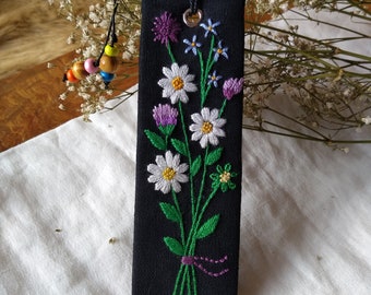 Bookmark/ Purple Thistle and White Daisy Hand Embroidered Bookmark/ Daisy Bookmark/Book Journal Accessories/ Mother's day Gift Ideas