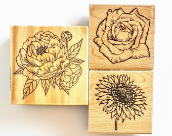 Floral Rubber Stamps, Rose Stamp, Wooden block Rubber Stamp, Peony Stamp, Chamomile stamps,  Flower Stamps, Thanks Stamps
