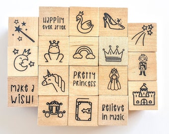 Set 1x1 Inch Rubber Stamps, Fairytale Stamp, Wooden block Rubber Stamp, Mini Stamps, Princess Stamps, Girls Stamps, Unicorn Stamps, Crown