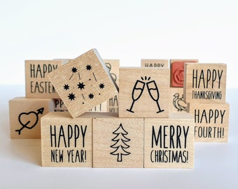 2er Set 1x1 Zoll Stempel, Frohe Weihnachten Stempel, Holzstempel, Ministempel, Erntedank Stempel, Halloween Stempel