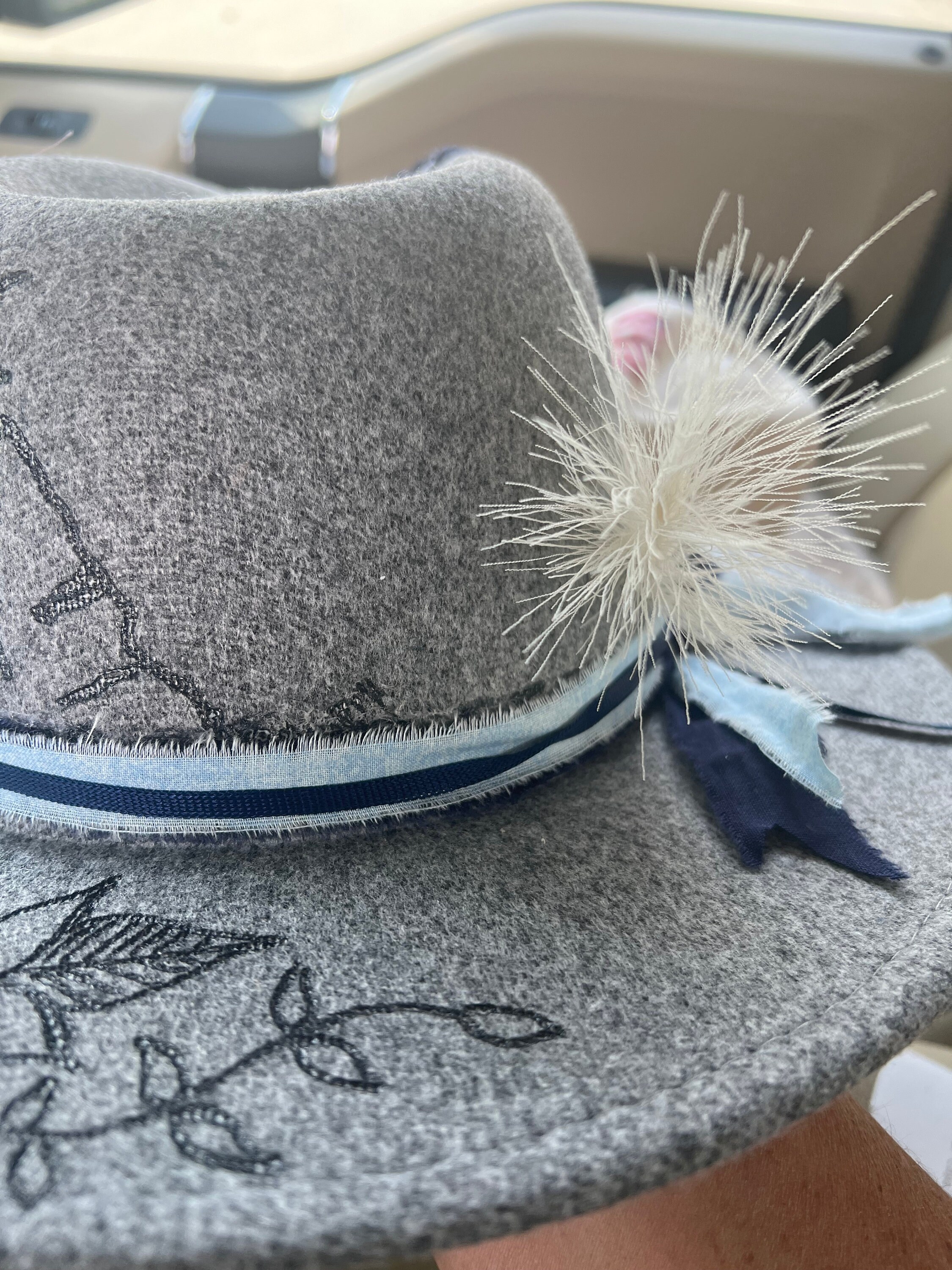 Hand Burned And Colored Gray Wool Fedora Hat Hand Burned Fedora With Leather Stitching | Floral Wide Brim  main image 4