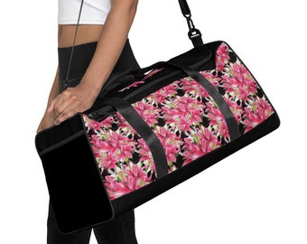 Striking Pink Lilies Duffel Bag, Floral Travel Duffel, Lily Weekender Bag, Lily Flowers Camp Duffle, Floral Duffel Bag, Flower Overnight Bag